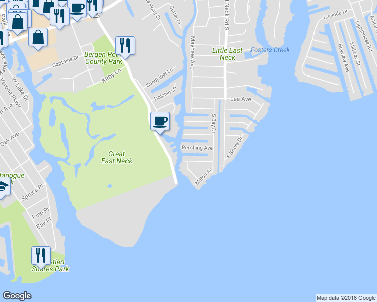 map of restaurants, bars, coffee shops, grocery stores, and more near 46 Pershing Avenue in Babylon