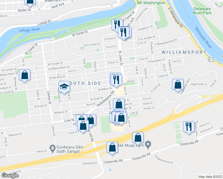 map of restaurants, bars, coffee shops, grocery stores, and more near 260 West Milton Street in Easton