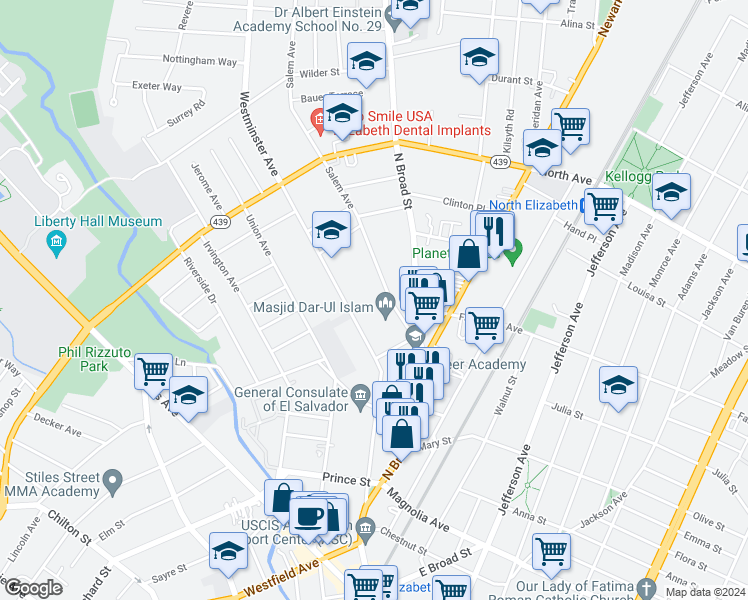 map of restaurants, bars, coffee shops, grocery stores, and more near 624 Salem Avenue in Elizabeth