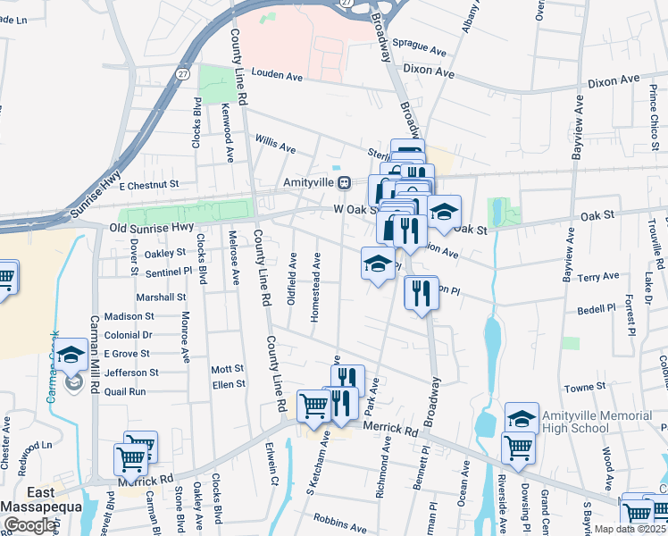 map of restaurants, bars, coffee shops, grocery stores, and more near 159 Ketcham Avenue in Amityville