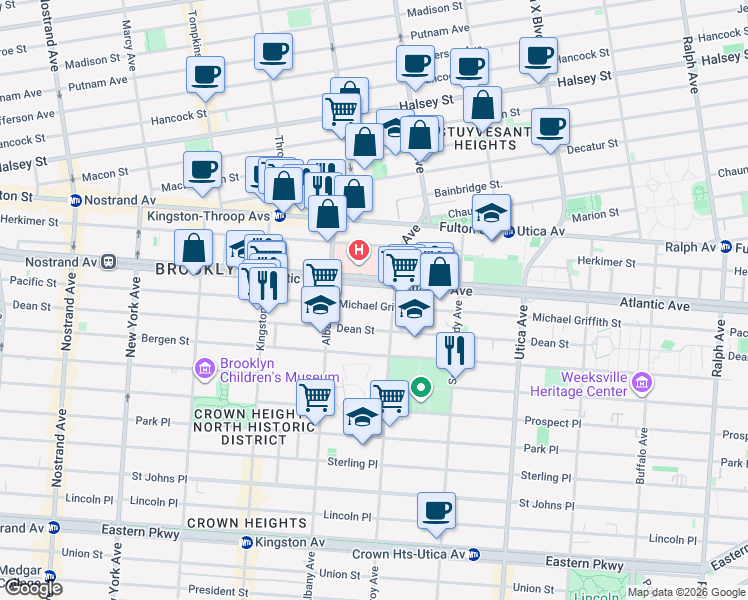 map of restaurants, bars, coffee shops, grocery stores, and more near 1633 Pacific Street in Brooklyn