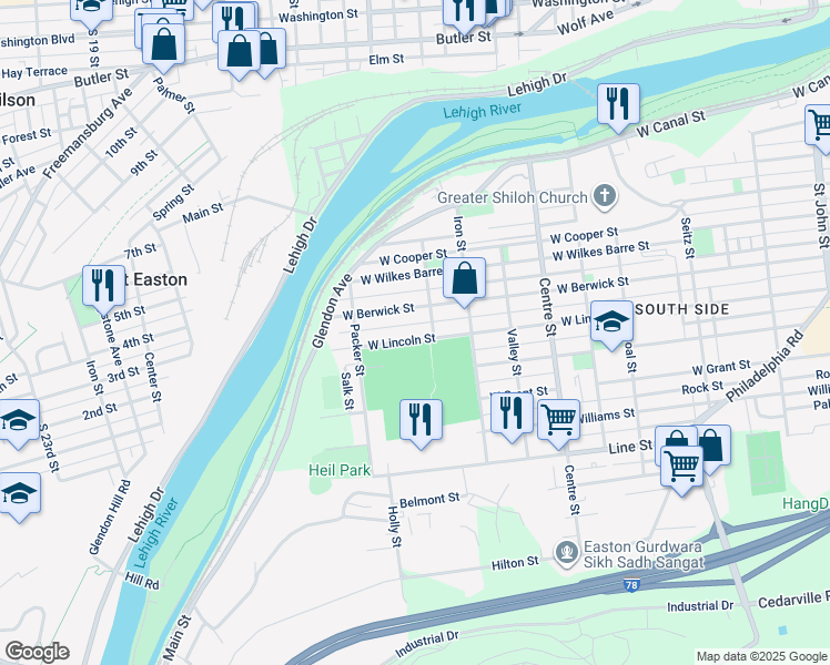 map of restaurants, bars, coffee shops, grocery stores, and more near 1023 West Lincoln Street in Easton