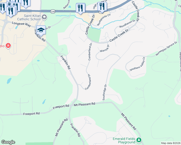 map of restaurants, bars, coffee shops, grocery stores, and more near 228 Cumberland Drive in Seven Fields