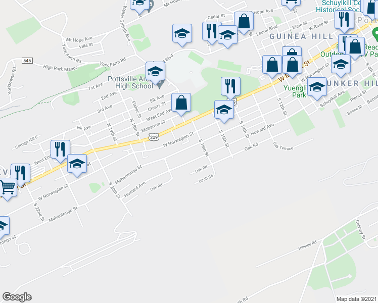 map of restaurants, bars, coffee shops, grocery stores, and more near 1625 Mahantongo Street in Pottsville