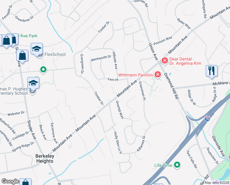 map of restaurants, bars, coffee shops, grocery stores, and more near 14 Spice Hill Road in Berkeley Heights