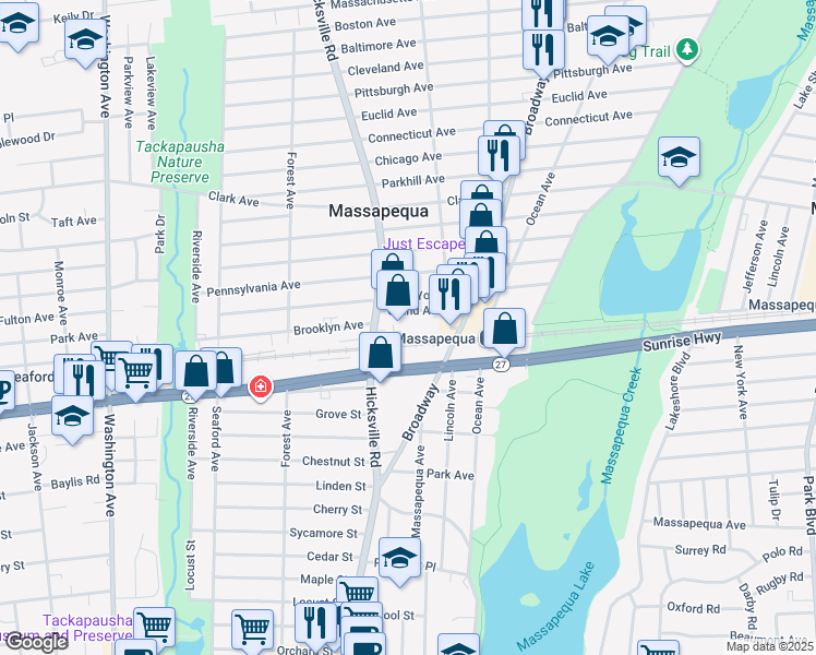 map of restaurants, bars, coffee shops, grocery stores, and more near 191 Veterans Boulevard in Massapequa