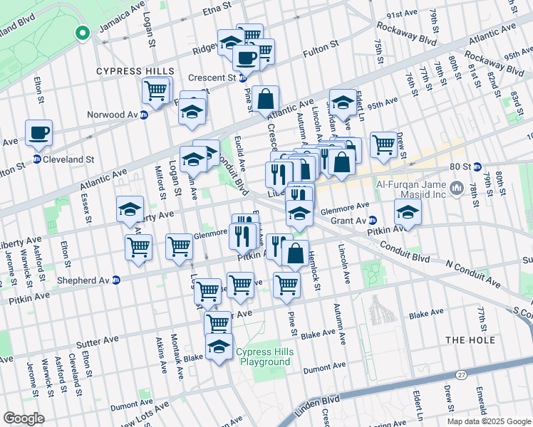 map of restaurants, bars, coffee shops, grocery stores, and more near 1029 Glenmore Avenue in Brooklyn