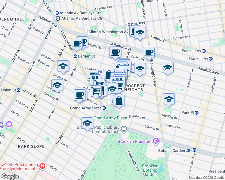map of restaurants, bars, coffee shops, grocery stores, and more near 231 Park Place in Brooklyn