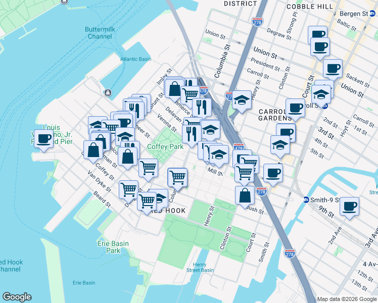 map of restaurants, bars, coffee shops, grocery stores, and more near Columbia Street & West 9th Street in Brooklyn