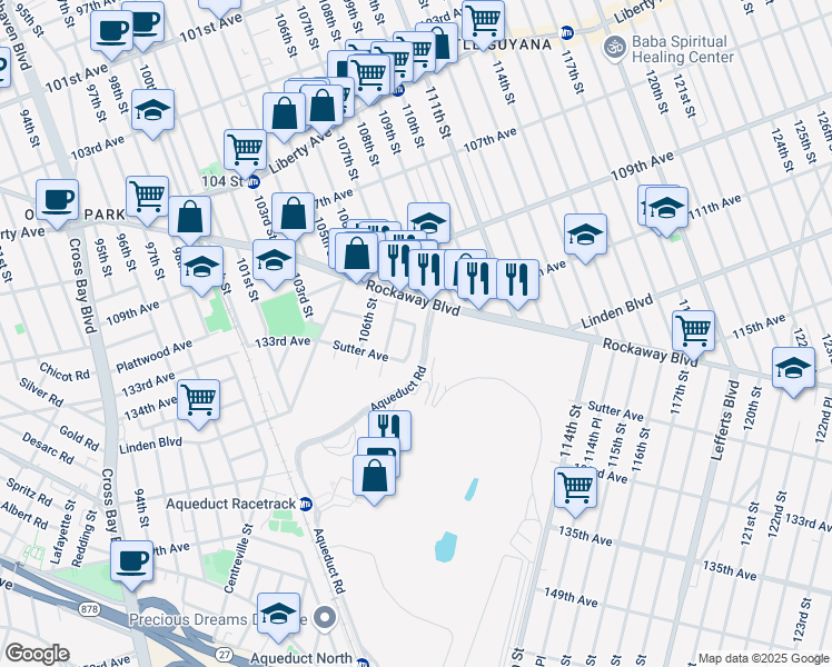 map of restaurants, bars, coffee shops, grocery stores, and more near 11049 108th Street in Queens