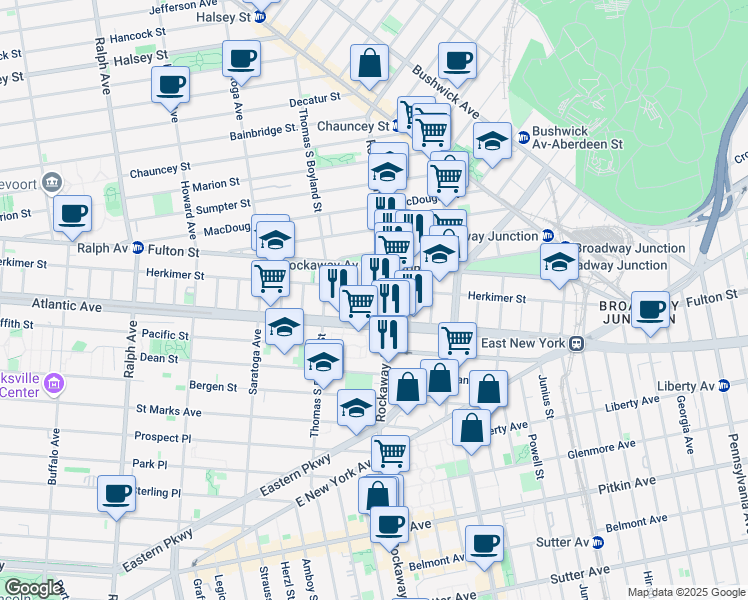 map of restaurants, bars, coffee shops, grocery stores, and more near 180 Rockaway Avenue in Brooklyn