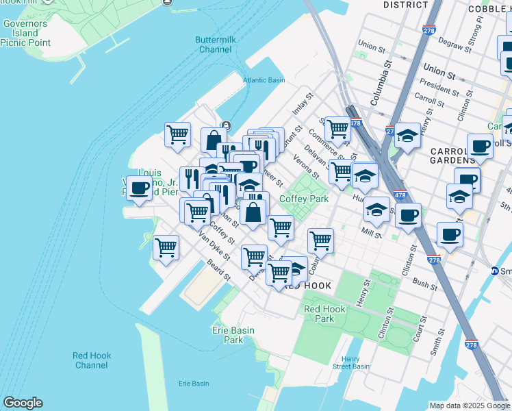 map of restaurants, bars, coffee shops, grocery stores, and more near 71 Sullivan Street in Brooklyn