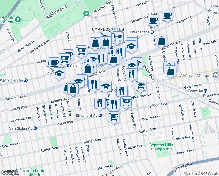 map of restaurants, bars, coffee shops, grocery stores, and more near 85 Atkins Avenue in Brooklyn