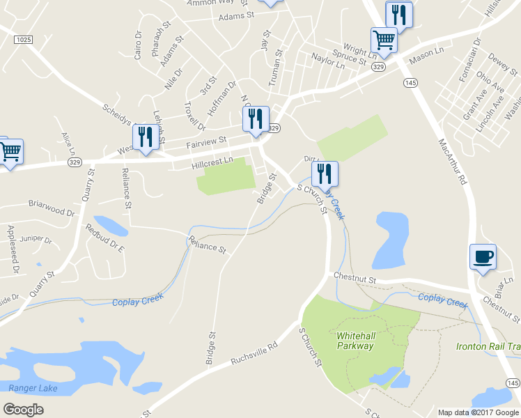 map of restaurants, bars, coffee shops, grocery stores, and more near 4168 Bridge Street in Lehigh County