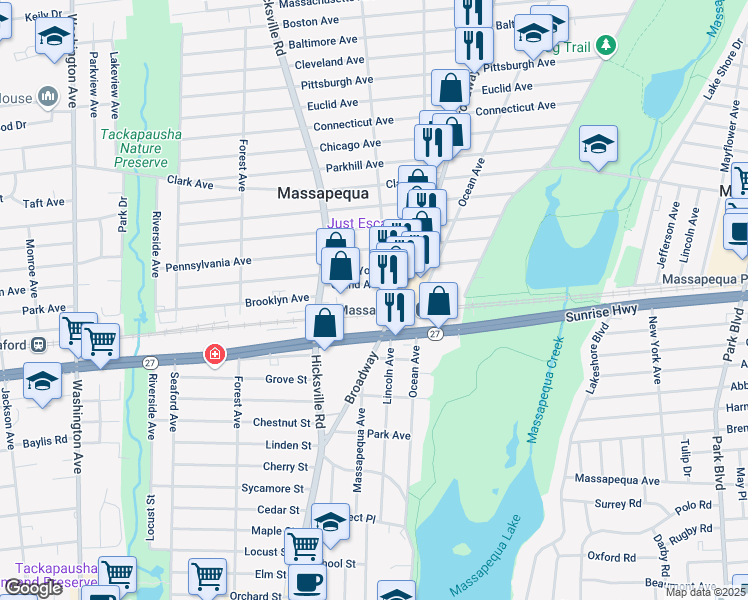 map of restaurants, bars, coffee shops, grocery stores, and more near 20 Central Avenue in Massapequa