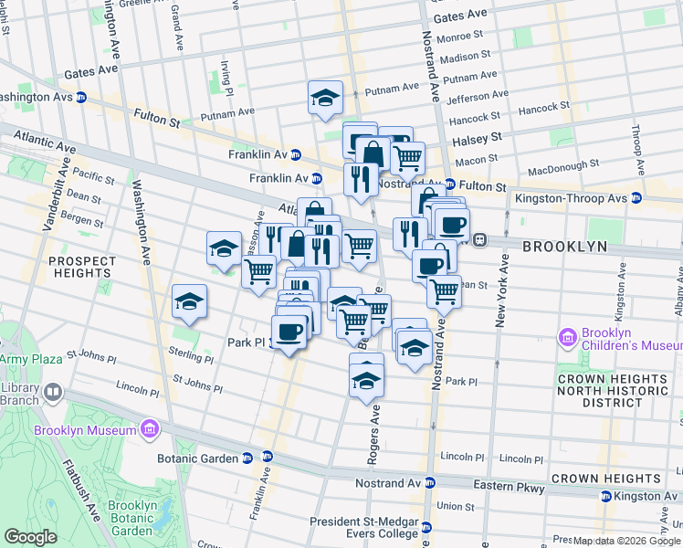 map of restaurants, bars, coffee shops, grocery stores, and more near 1076 Dean Street in Brooklyn
