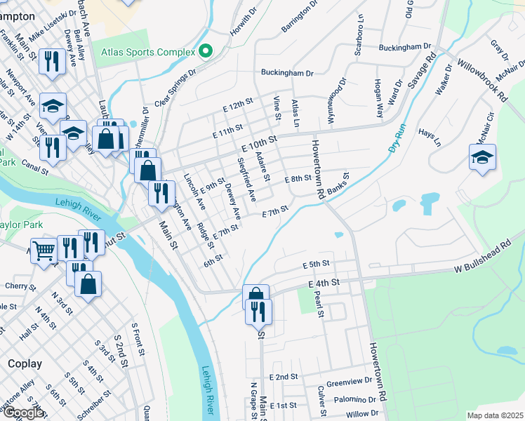 map of restaurants, bars, coffee shops, grocery stores, and more near 403 East 7th Street in Northampton