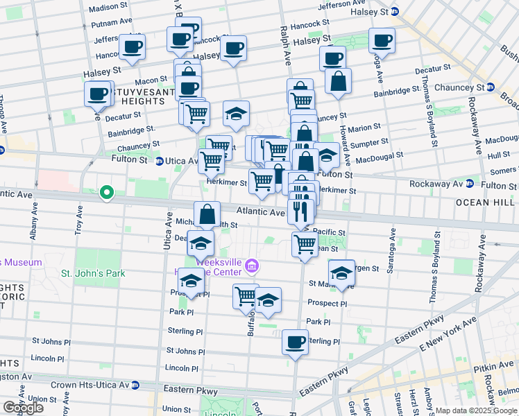 map of restaurants, bars, coffee shops, grocery stores, and more near Atlantic Ave & Buffalo Ave in Brooklyn