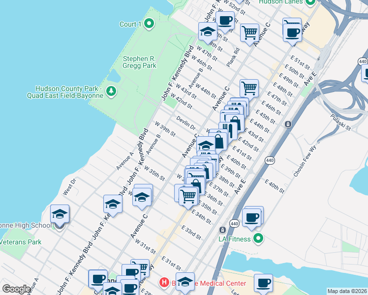 map of restaurants, bars, coffee shops, grocery stores, and more near 858 Avenue C in Bayonne