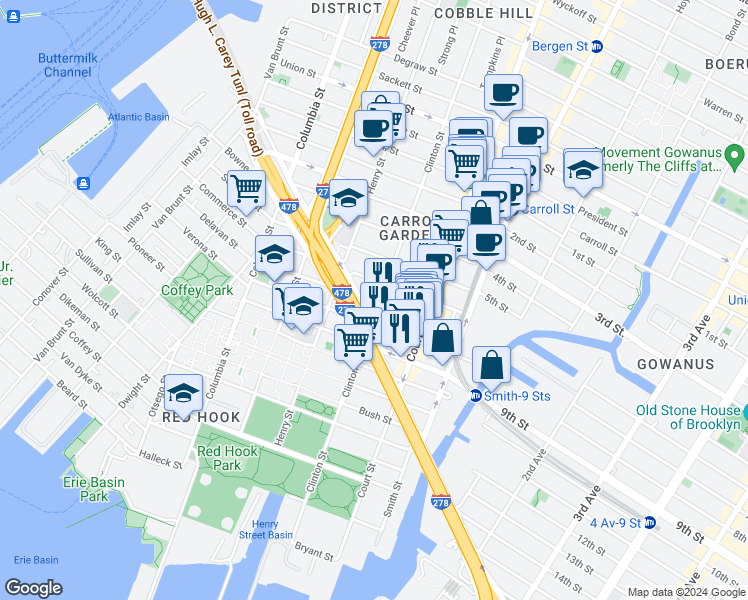 map of restaurants, bars, coffee shops, grocery stores, and more near 556 Clinton Street in Brooklyn