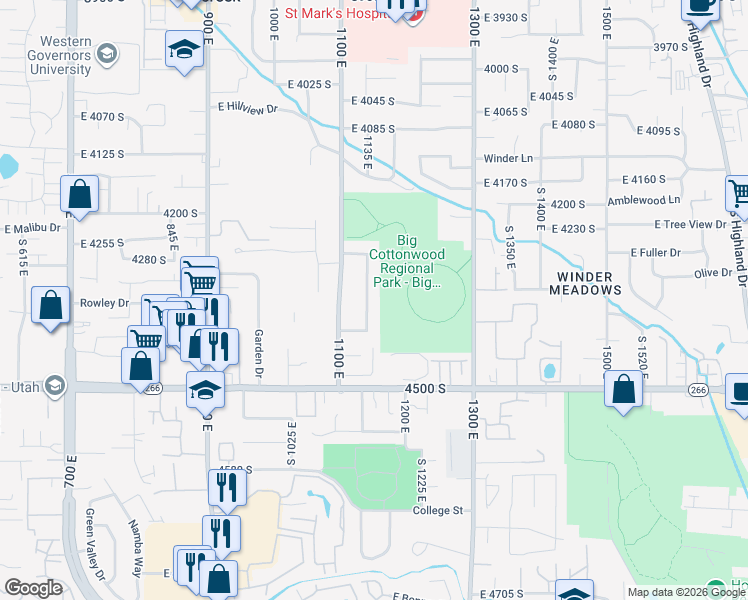 map of restaurants, bars, coffee shops, grocery stores, and more near 4341 South 1140 East in Millcreek