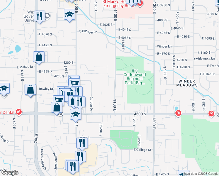 map of restaurants, bars, coffee shops, grocery stores, and more near 4336 South Sage Circle in Millcreek