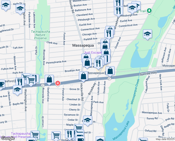 map of restaurants, bars, coffee shops, grocery stores, and more near 191 Veterans Boulevard in Massapequa
