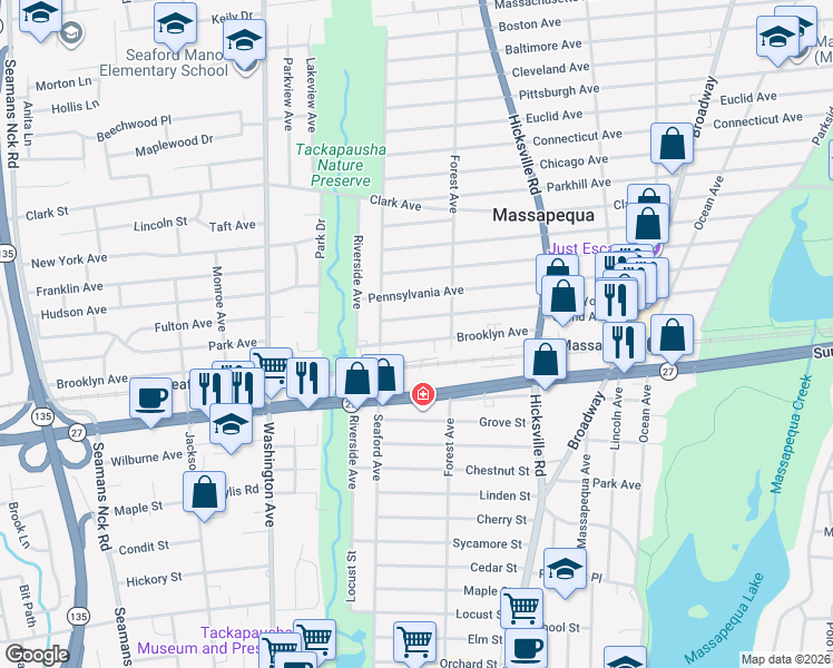 map of restaurants, bars, coffee shops, grocery stores, and more near 21a Brooklyn Avenue in Massapequa