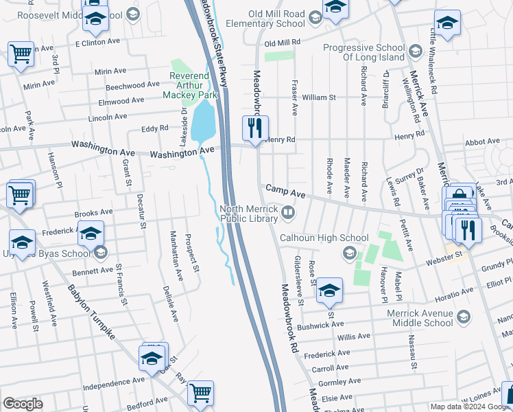 map of restaurants, bars, coffee shops, grocery stores, and more near 1650 Meadowbrook Road in Merrick