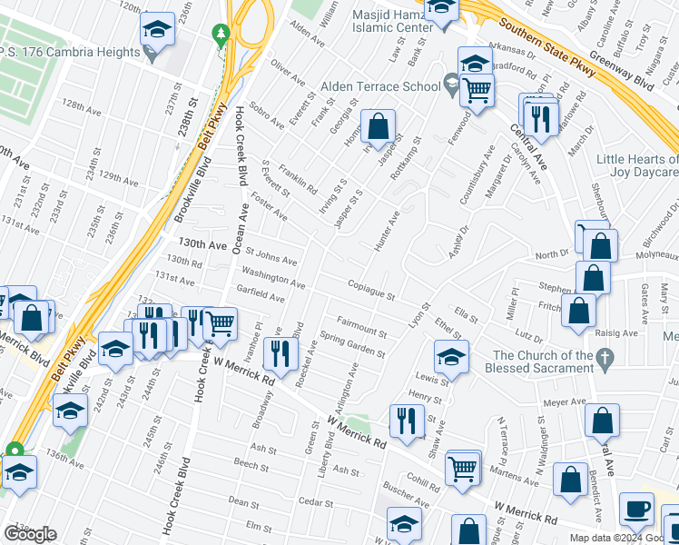 map of restaurants, bars, coffee shops, grocery stores, and more near 37 Copiague Street in Valley Stream
