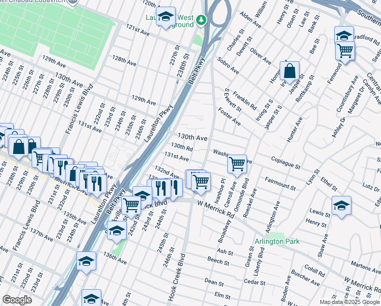 map of restaurants, bars, coffee shops, grocery stores, and more near 243-15 131st Avenue in Queens