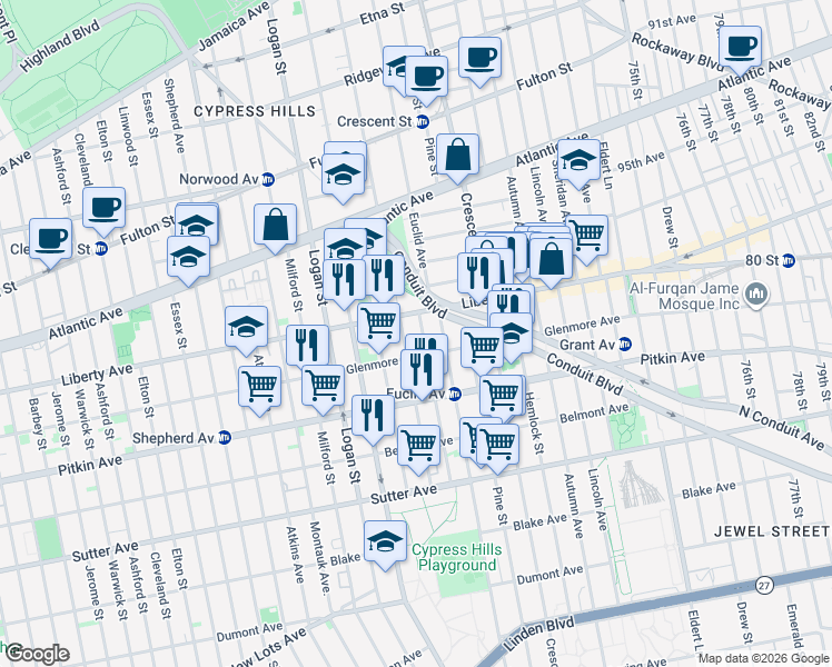 map of restaurants, bars, coffee shops, grocery stores, and more near 403 Chestnut Street in Brooklyn