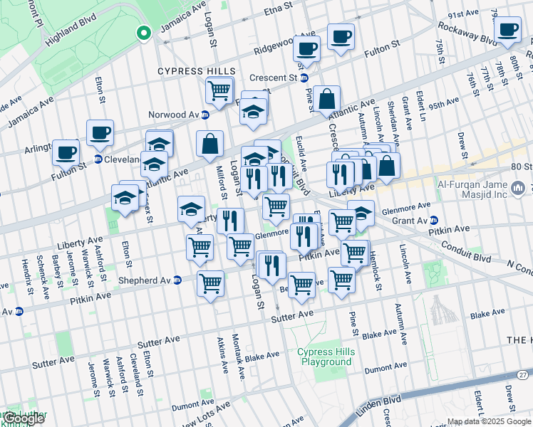 map of restaurants, bars, coffee shops, grocery stores, and more near 74 Crystal Street in Brooklyn
