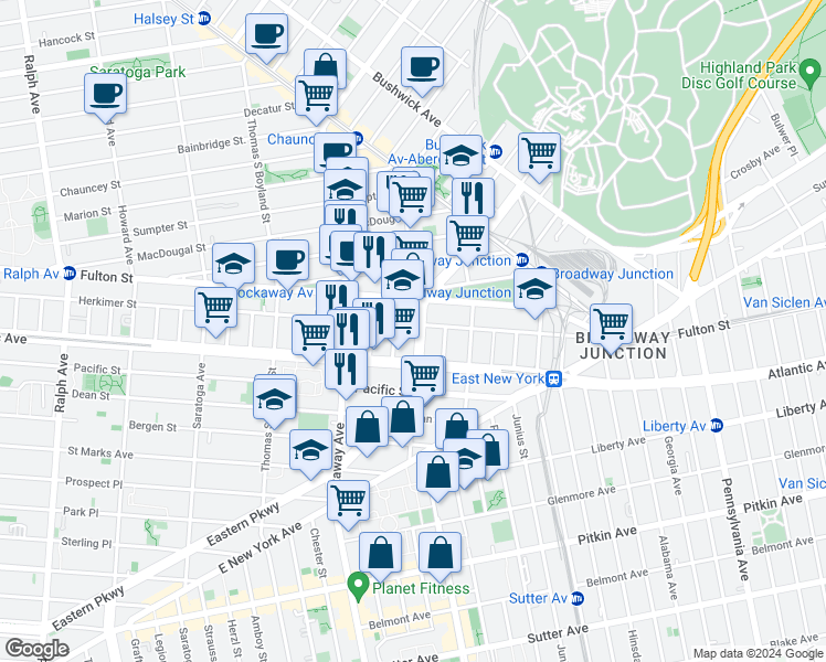 map of restaurants, bars, coffee shops, grocery stores, and more near 1892 Eastern Parkway in Brooklyn