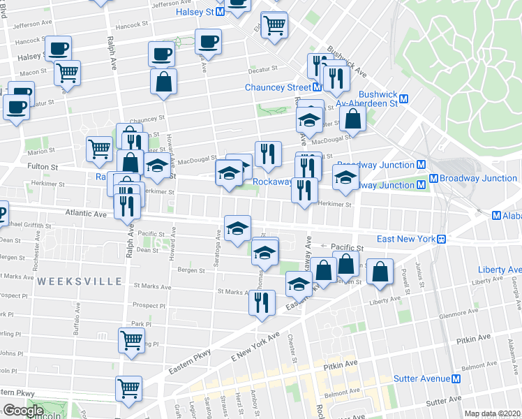 map of restaurants, bars, coffee shops, grocery stores, and more near 2025 Atlantic Avenue in Brooklyn
