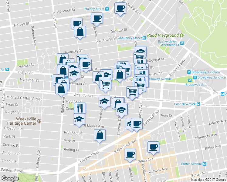 map of restaurants, bars, coffee shops, grocery stores, and more near 23 Roosevelt Place in Brooklyn