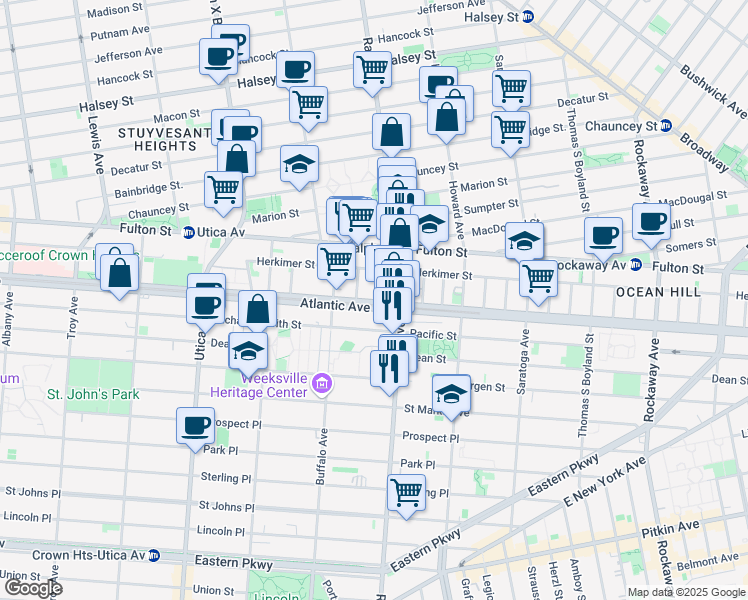 map of restaurants, bars, coffee shops, grocery stores, and more near 30 Columbus Place in Brooklyn
