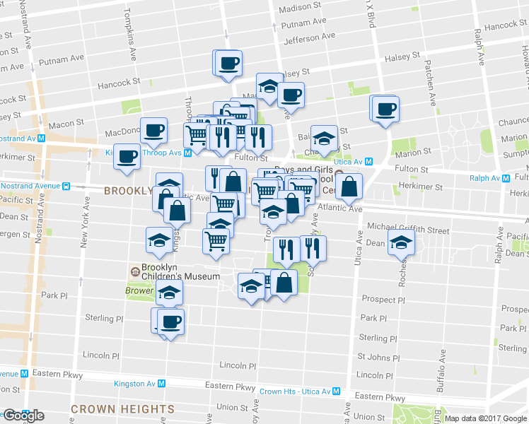 map of restaurants, bars, coffee shops, grocery stores, and more near 1633 Pacific Street in Brooklyn