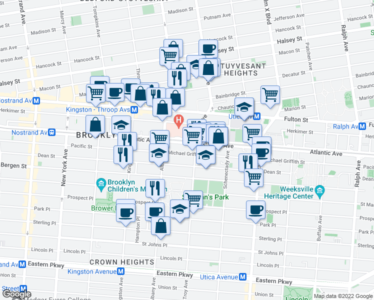 map of restaurants, bars, coffee shops, grocery stores, and more near 1633 Pacific Street in Brooklyn