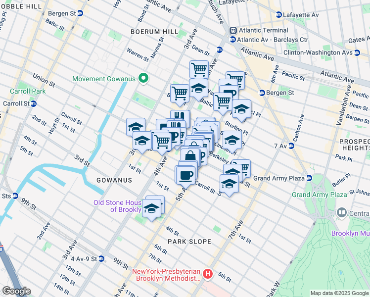 map of restaurants, bars, coffee shops, grocery stores, and more near 208 5th Avenue in Brooklyn