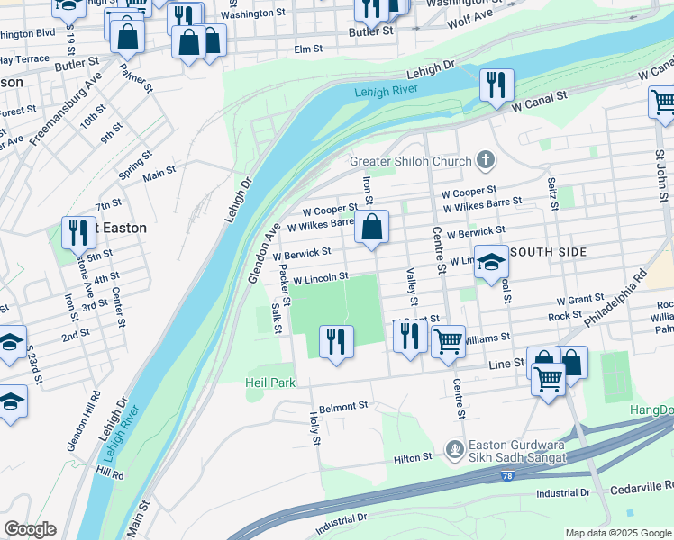 map of restaurants, bars, coffee shops, grocery stores, and more near 1015 West Lincoln Street in Easton