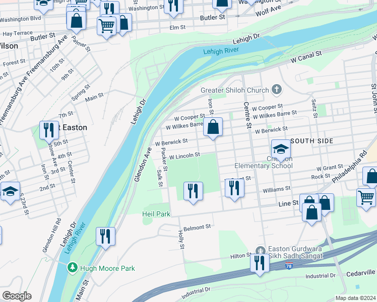 map of restaurants, bars, coffee shops, grocery stores, and more near 1039 West Lincoln Street in Easton