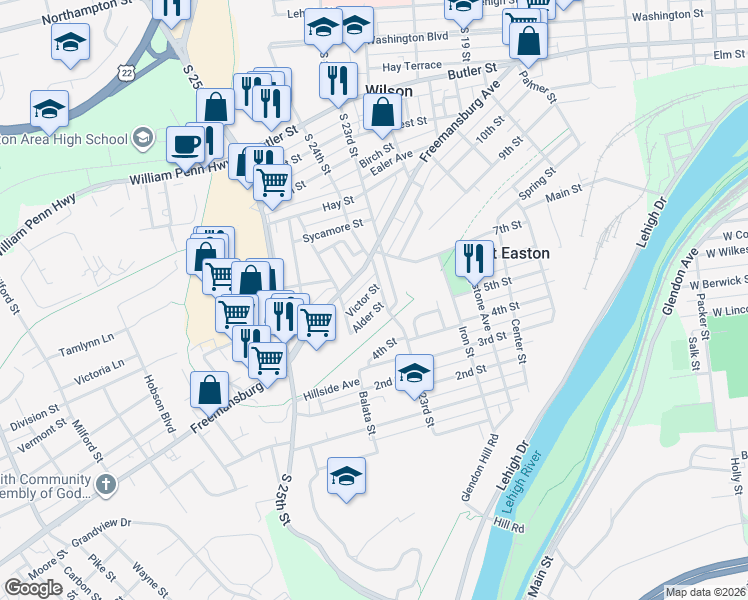 map of restaurants, bars, coffee shops, grocery stores, and more near 2422 Victor Street in Easton