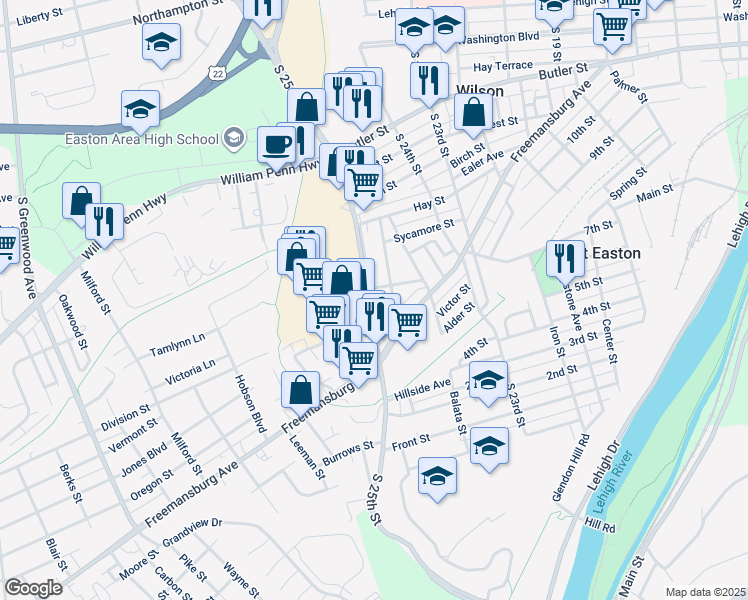 map of restaurants, bars, coffee shops, grocery stores, and more near 924 South 25th Street in Easton