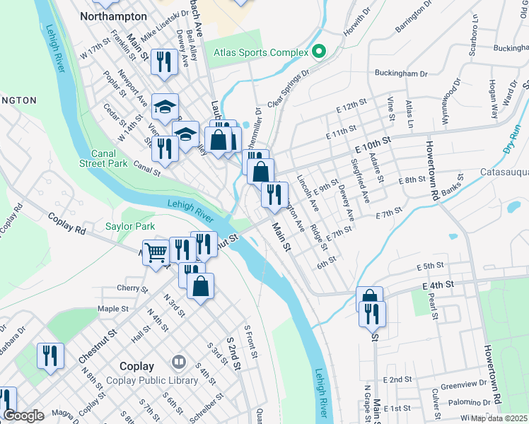 map of restaurants, bars, coffee shops, grocery stores, and more near 901 Main Street in Northampton