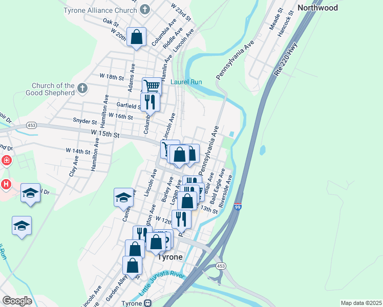 map of restaurants, bars, coffee shops, grocery stores, and more near 1456-58 Logan Avenue in Tyrone