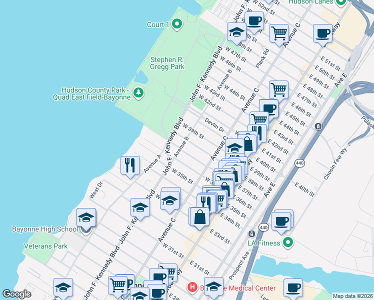 map of restaurants, bars, coffee shops, grocery stores, and more near 99 West 37th Street in Bayonne