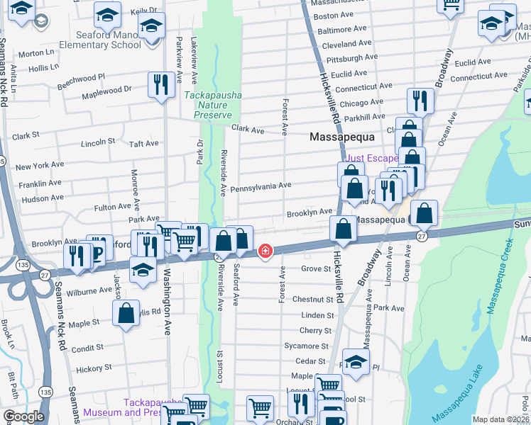 map of restaurants, bars, coffee shops, grocery stores, and more near 21a Brooklyn Avenue in Massapequa