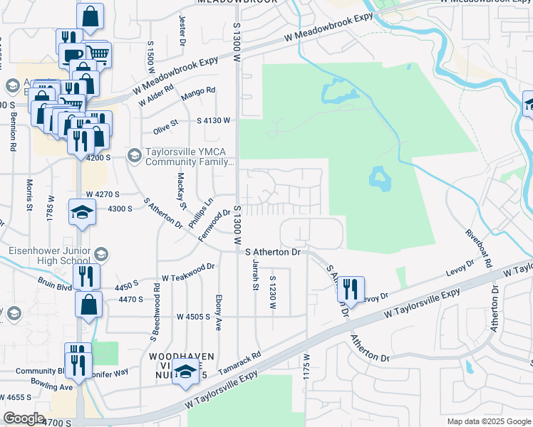 map of restaurants, bars, coffee shops, grocery stores, and more near 4310 South Abbey Court in Taylorsville