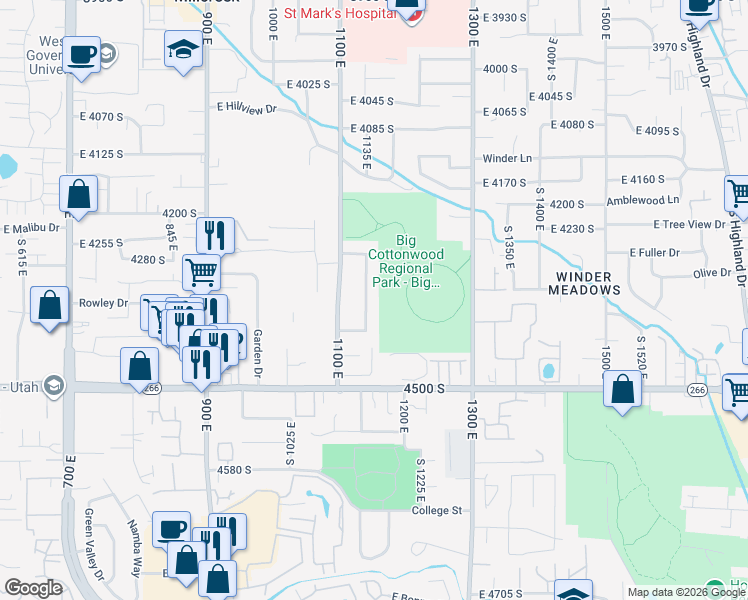 map of restaurants, bars, coffee shops, grocery stores, and more near 4341 South 1140 East in Millcreek